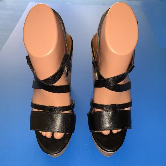 CYNTHIA VINCENT BLACK STRAP CORK WEDGE PLATFORM SHOES SIZE 7 - Picture 3 of 6